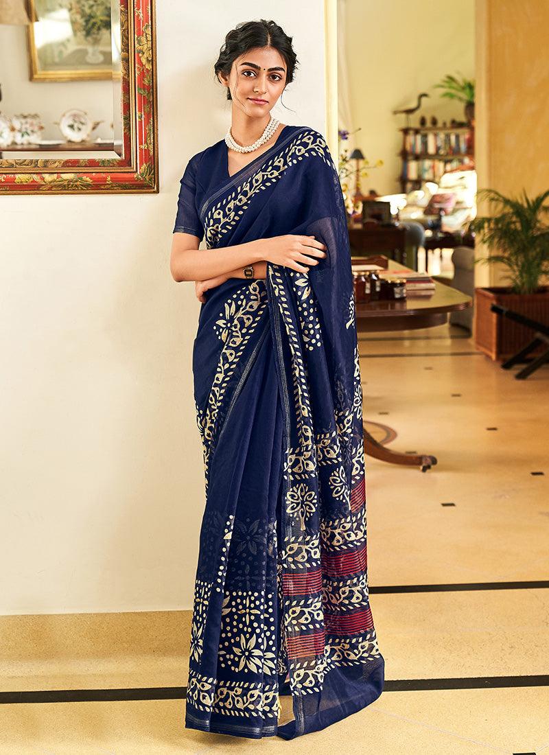 Low Cut Neck Navy Blue Floral Print Saree Release Dates