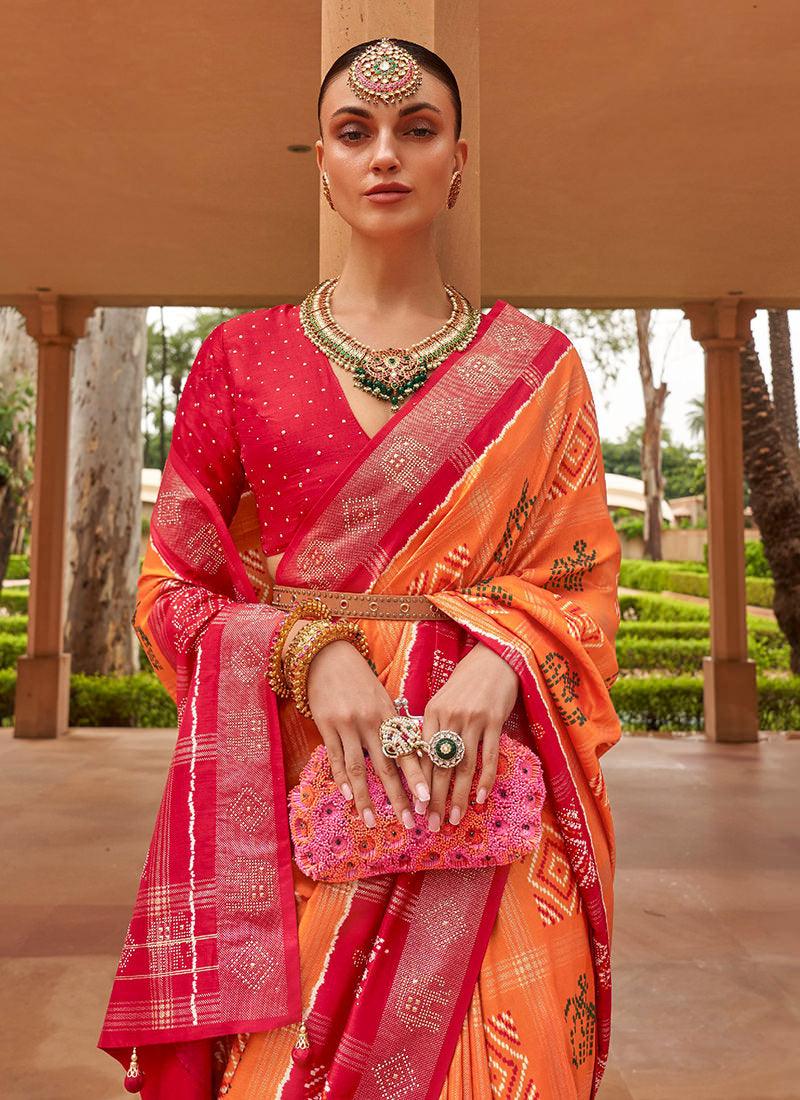 Orange Color Sleeveless Dola Silk Saree Free Shipping Top Quality