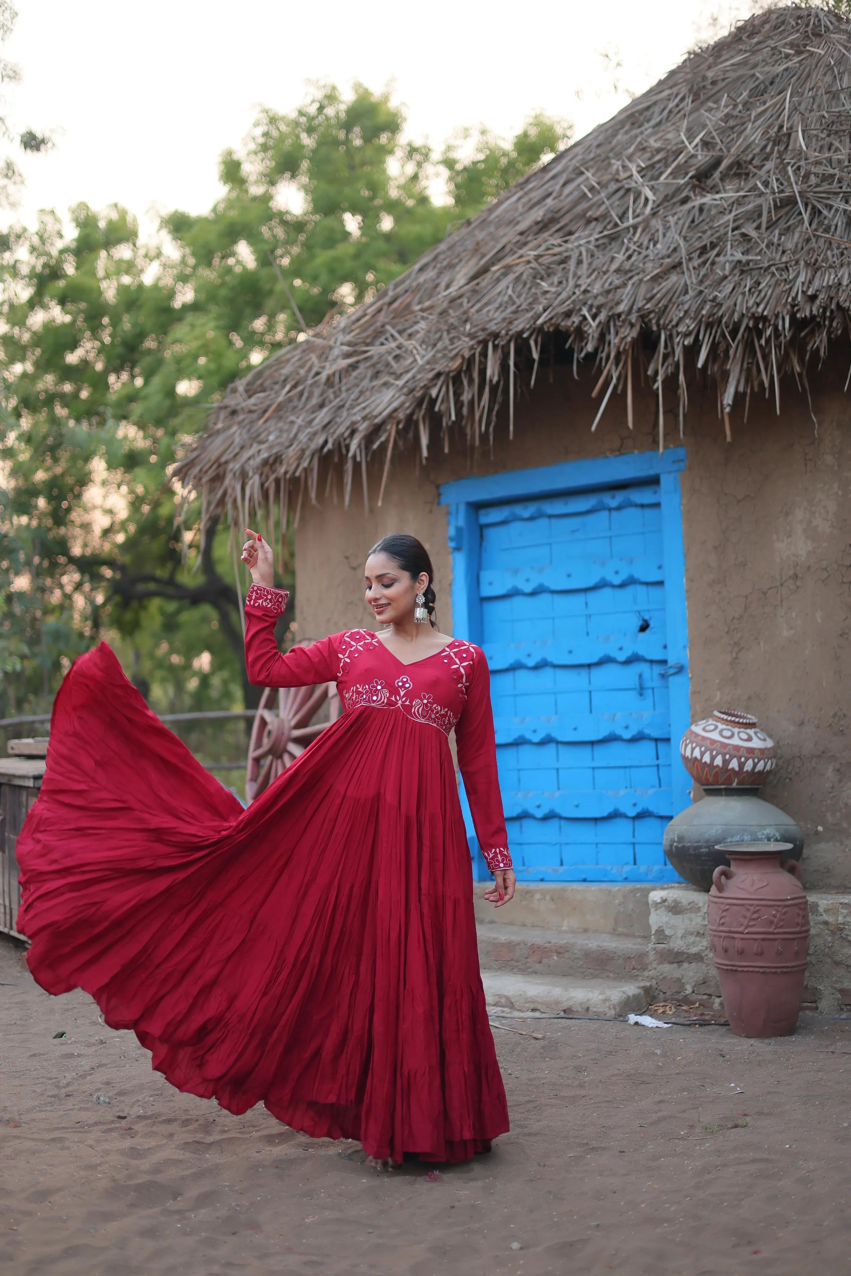 Maroon Rayon Fully Flared Mirror Worked Designer Navratri Gown Get To Buy