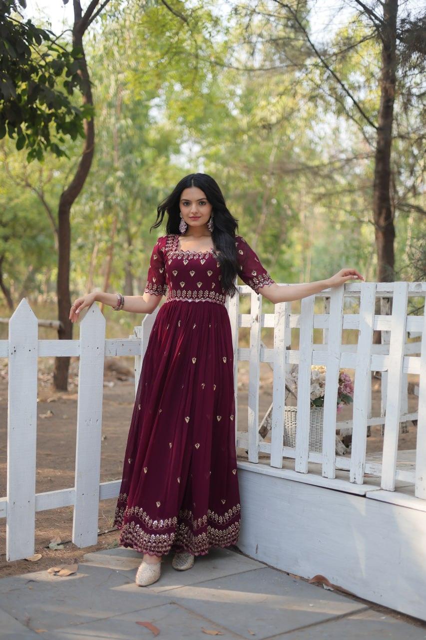 Seal Brown Zari Thread Sequins Worked Fully Stitched Gown Official Site Cheap Online