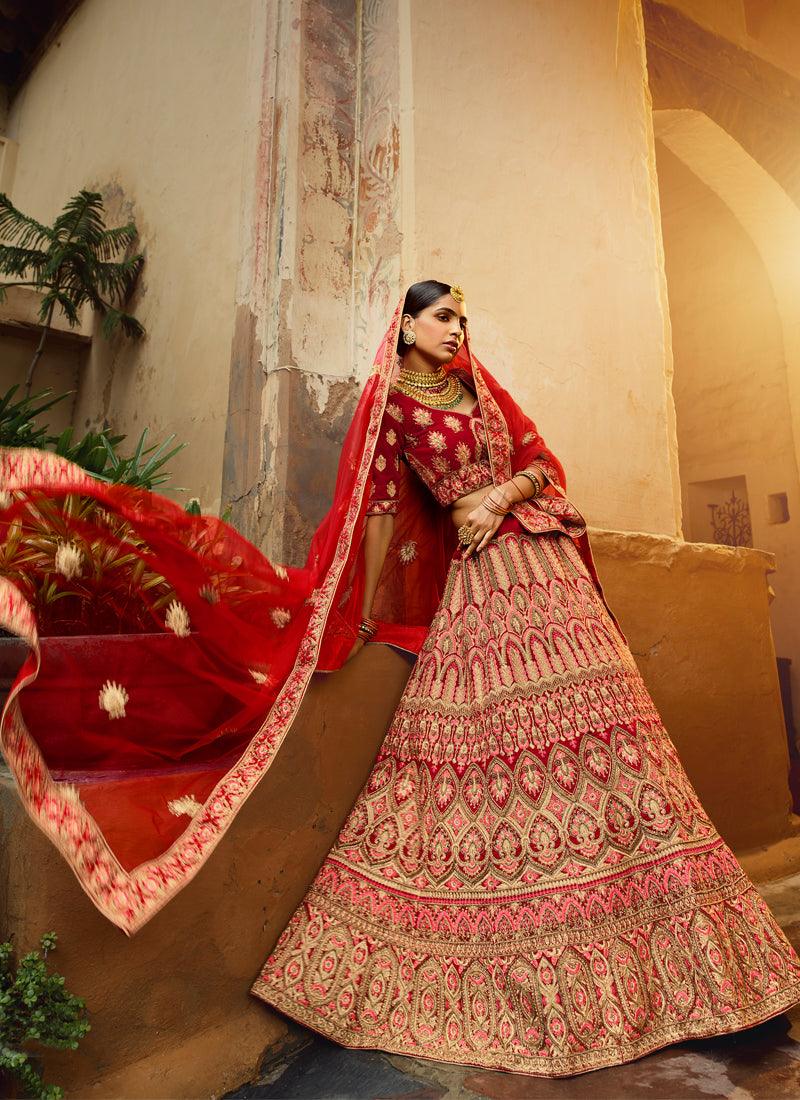 Incredible Red Velvet Base Embroidered Bridal Lehenga Choli Pices Online