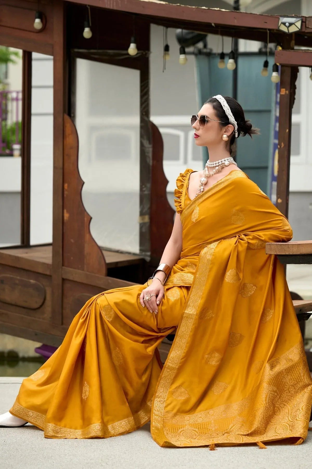 Brandy Punch Yellow Banarasi Handloom Saree Clearance Pirce Sale