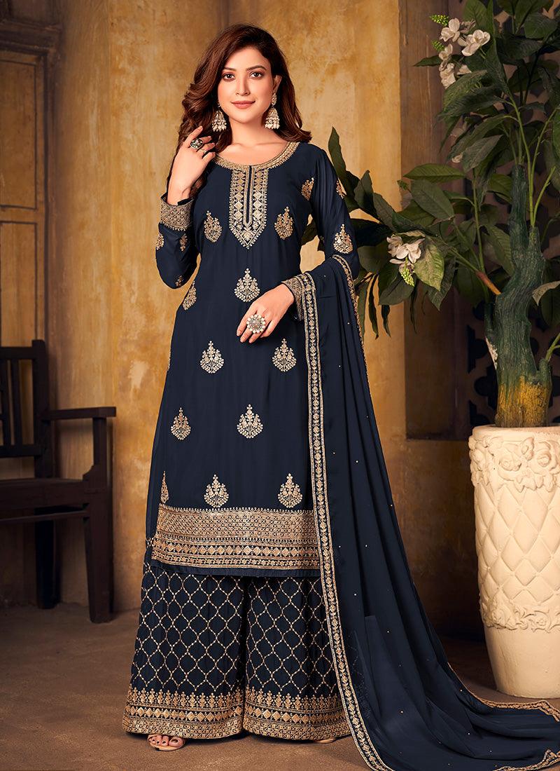 Dark Blue Color Georgette Base Embroidered Palazzo Suit With Sequins Work Footlocker Pictures Cheap Online