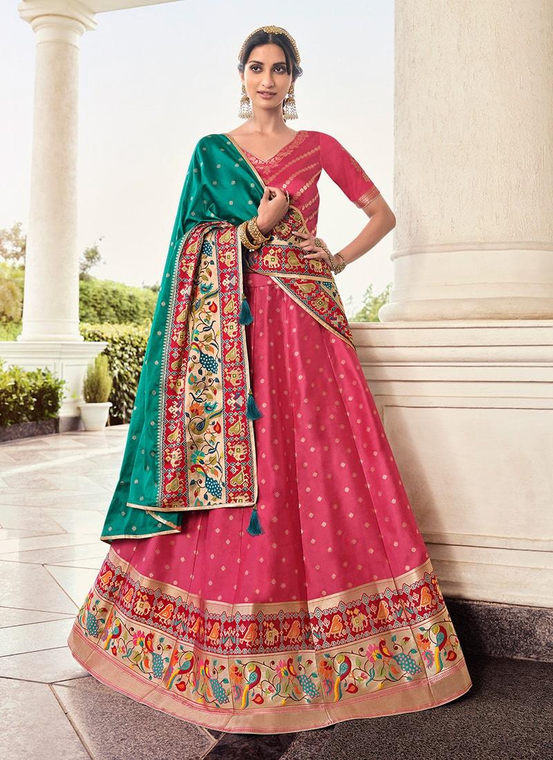 Digital Print Peach Banarasi Lehenga With Dupatta Free Shipping Shop Offer