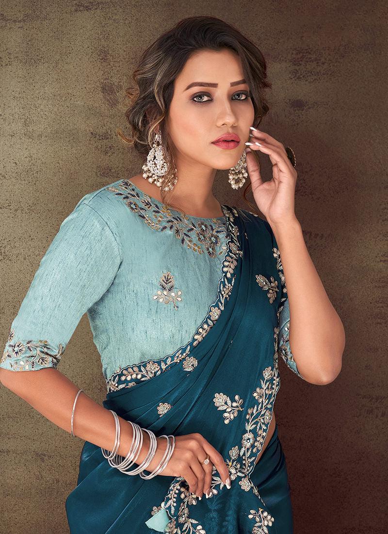 Embroidered Teal Blue Classic Saree Comfortable Online