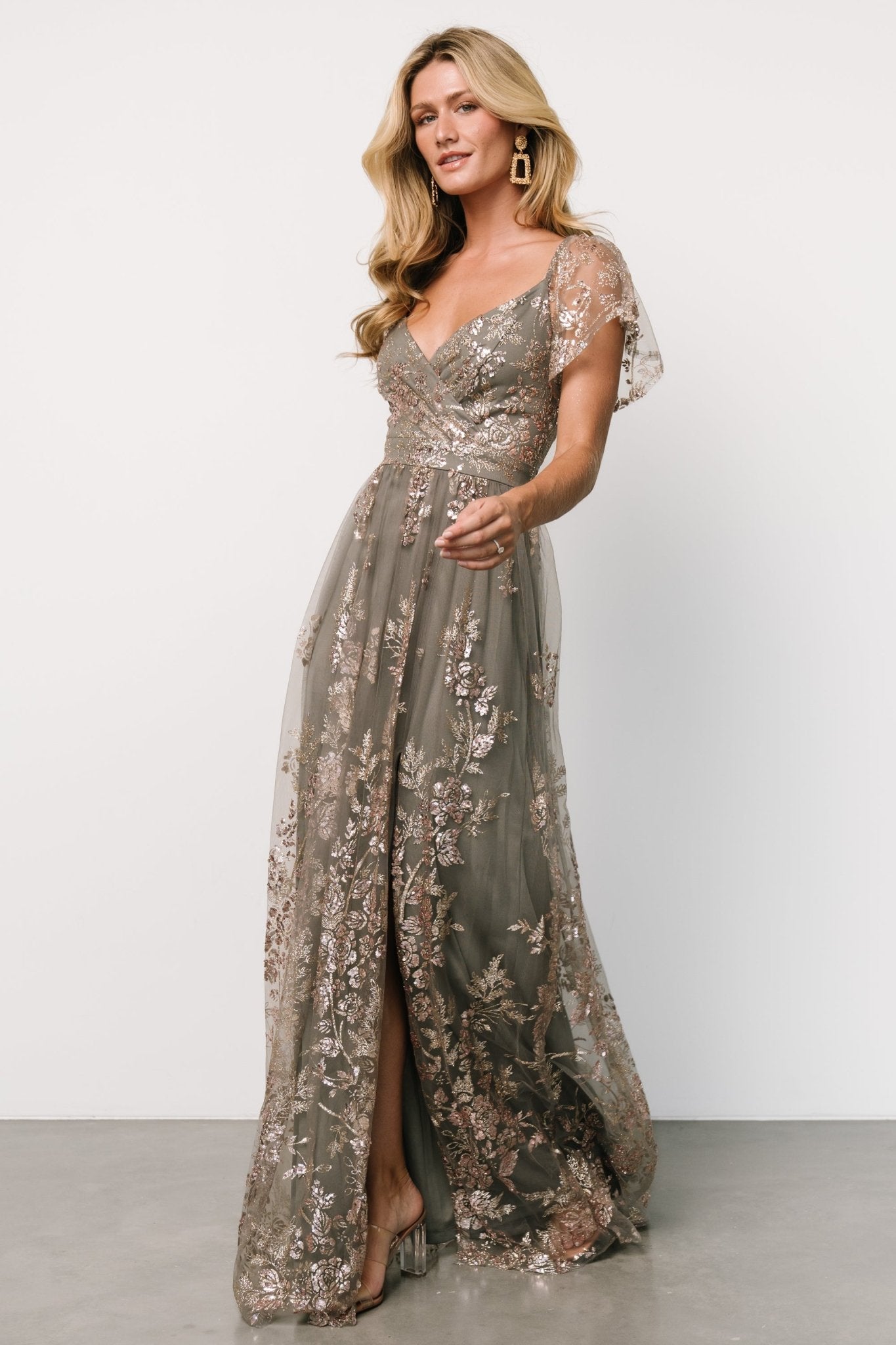 Corinne Shimmer Maxi Gown | Dark Sage + Rose Gold Marketable Cheap Pice