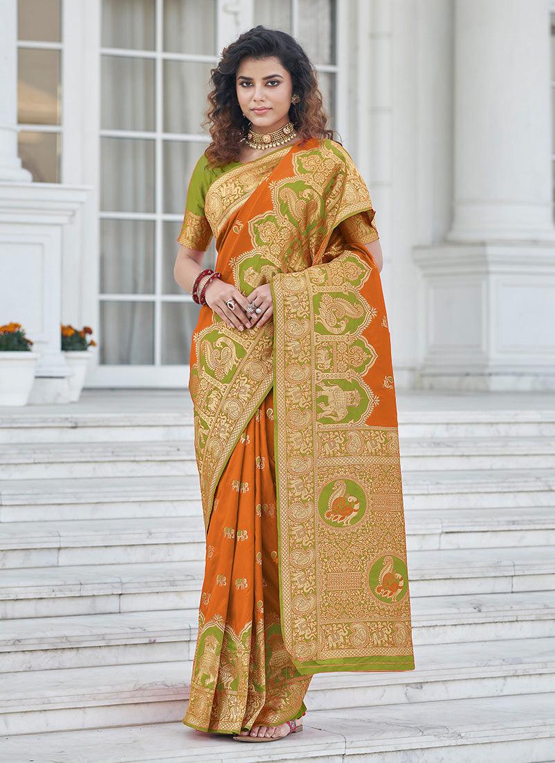 Elegant Orange Color Banarasi Silk Base Silk Weave Work Saree Wholesale Pice