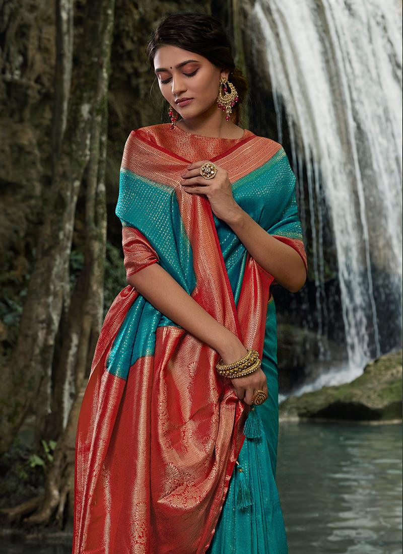 Silk Weave Turquoise Kanjivaram Saree Free Shipping Online