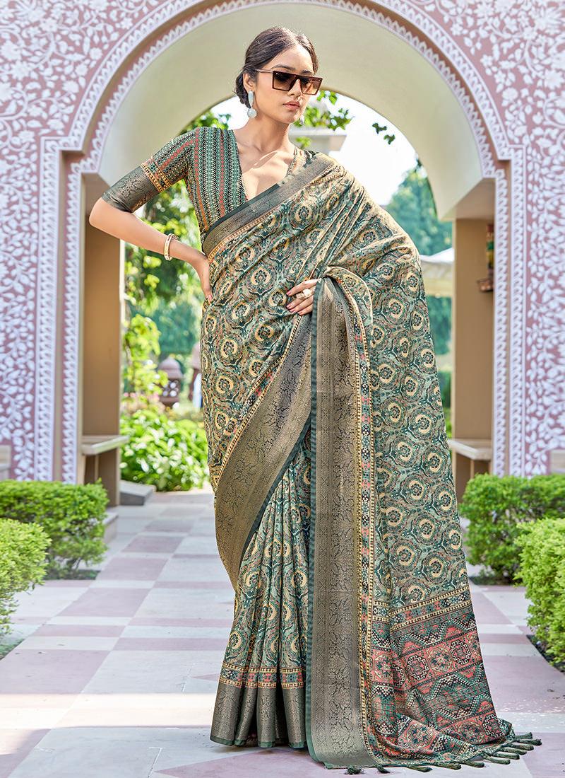 Silk With Digital Print Green Floral Saree Buy Cheap Big Discount