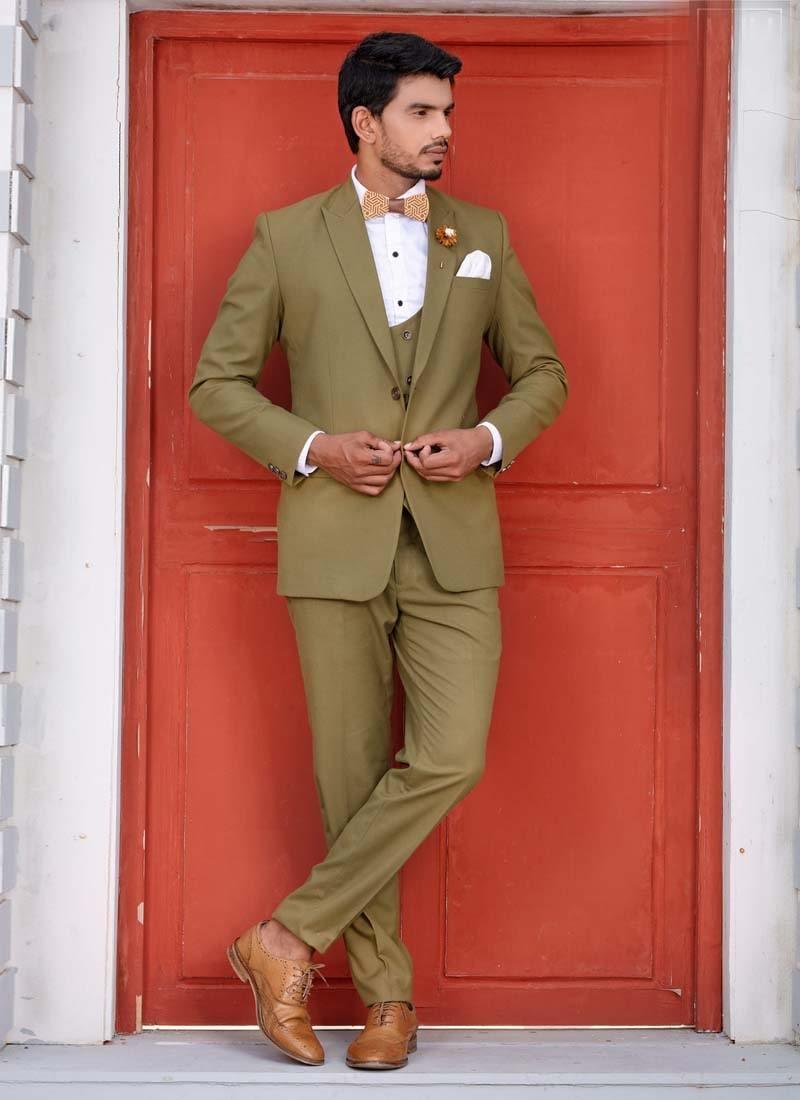 Peak Lapel Collar Khaki Green Color Single Breasted Two Button Suit Free Shipping Cheap Pice