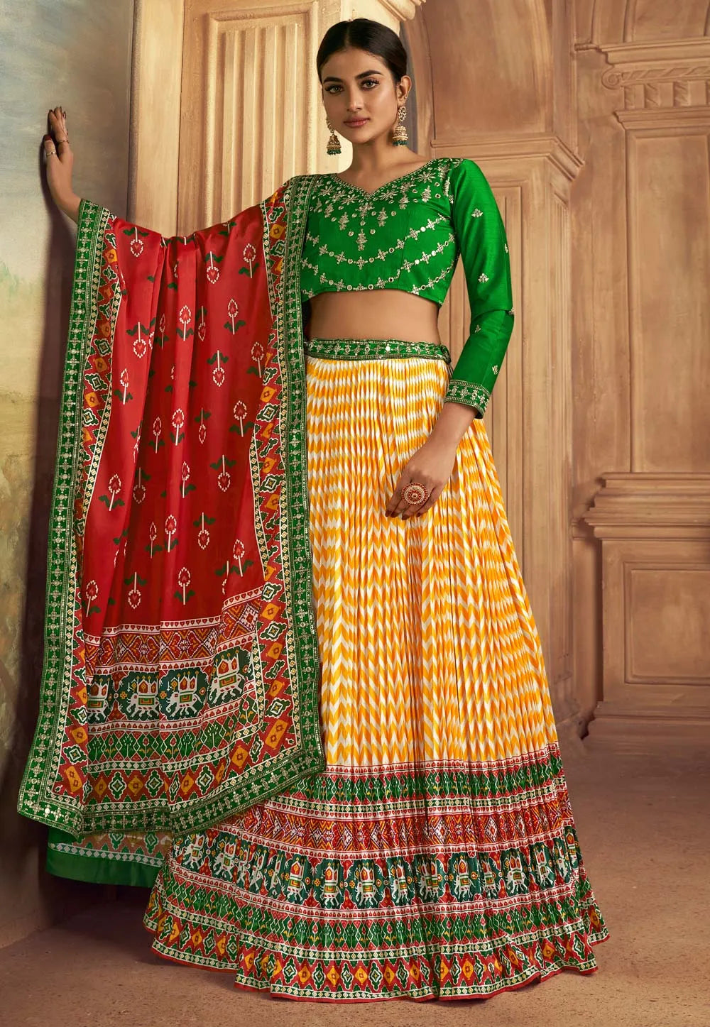 Blazing Gaji Silk Yellow-Green Patola Printed Lehenga Choli Shipping Discount Sale