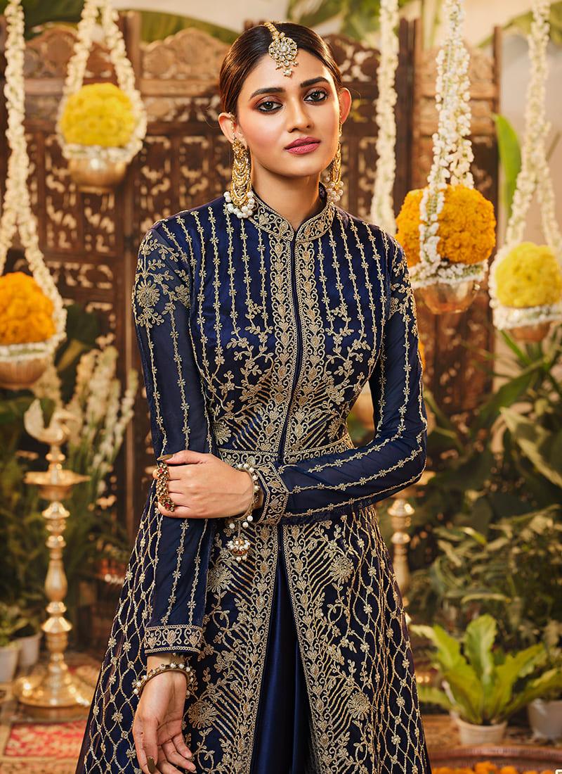 Band Collar Embroidered Navy Blue Pakistani Suit Classic