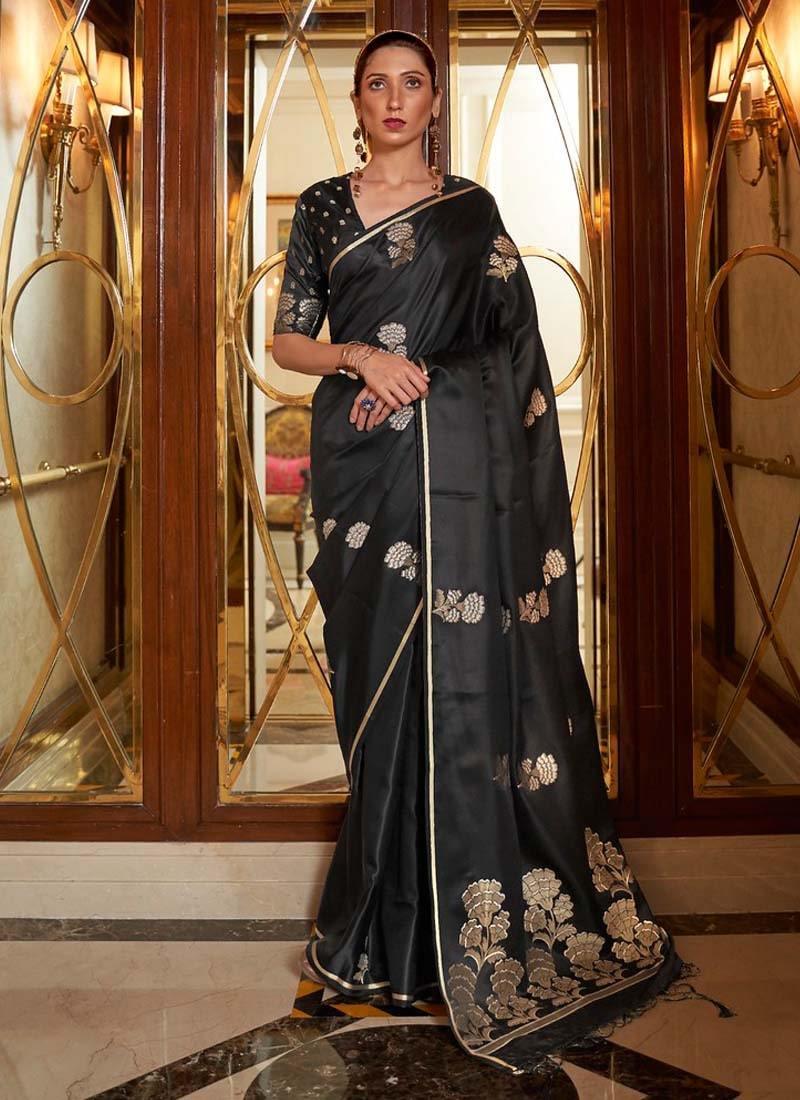 Black color Silk Base Fabulous Looking Plain Saree With Silk Weave Work Cheap New Arrival