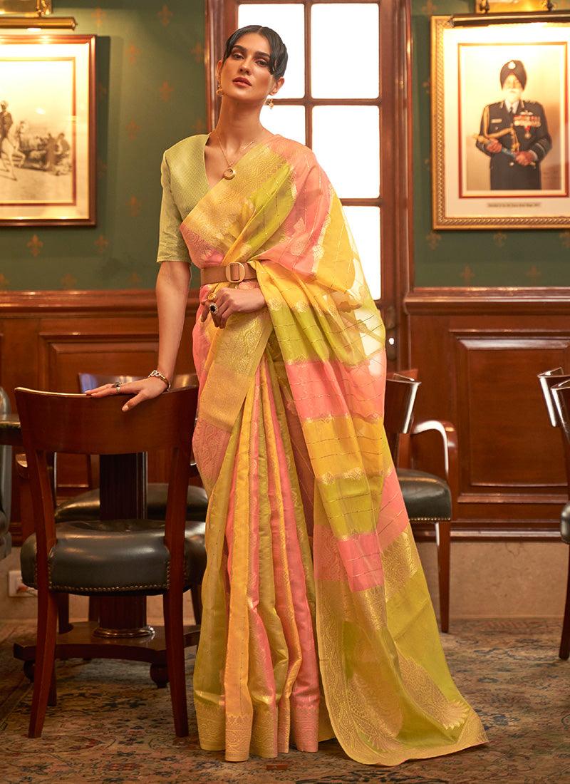 Light Green Color Organza Fabric Silk Weave Work Saree Manchester Great Sale Cheap Online