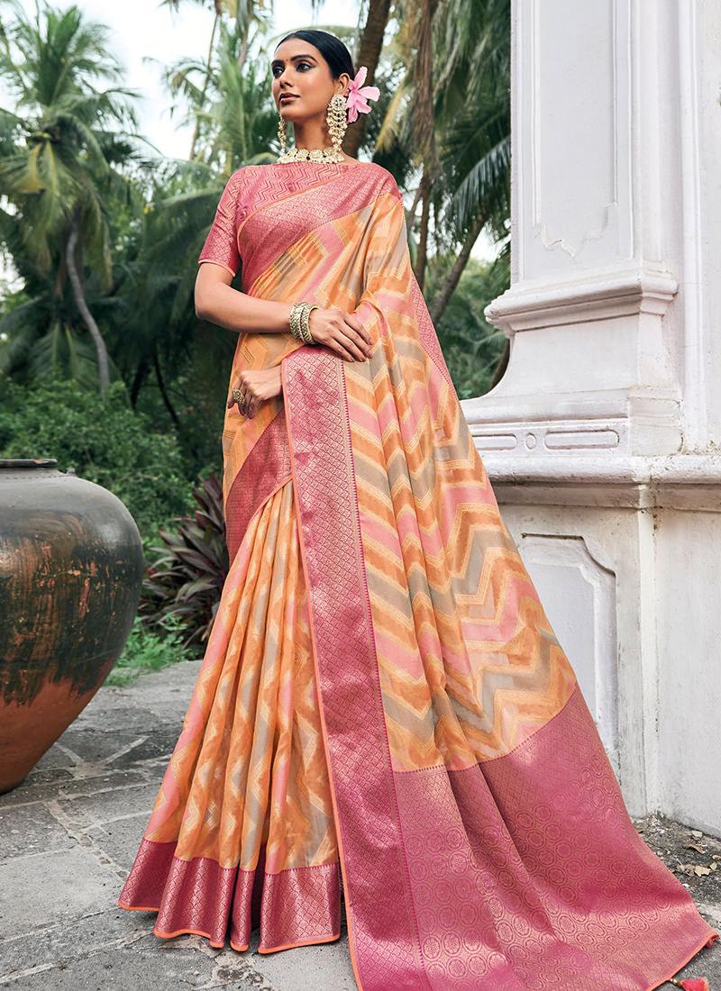 Classic Wear Zigzag Print Multi-Color Organza Saree Pictures Online