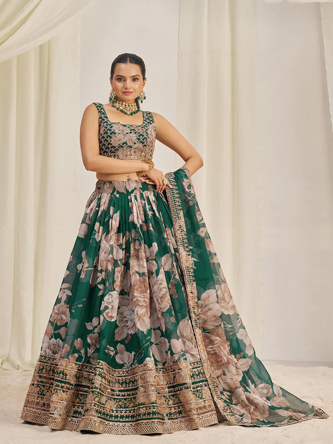 Dark Green Organza Zari Dori Sequins Floral Lehenga Choli Set Sale Top Quality