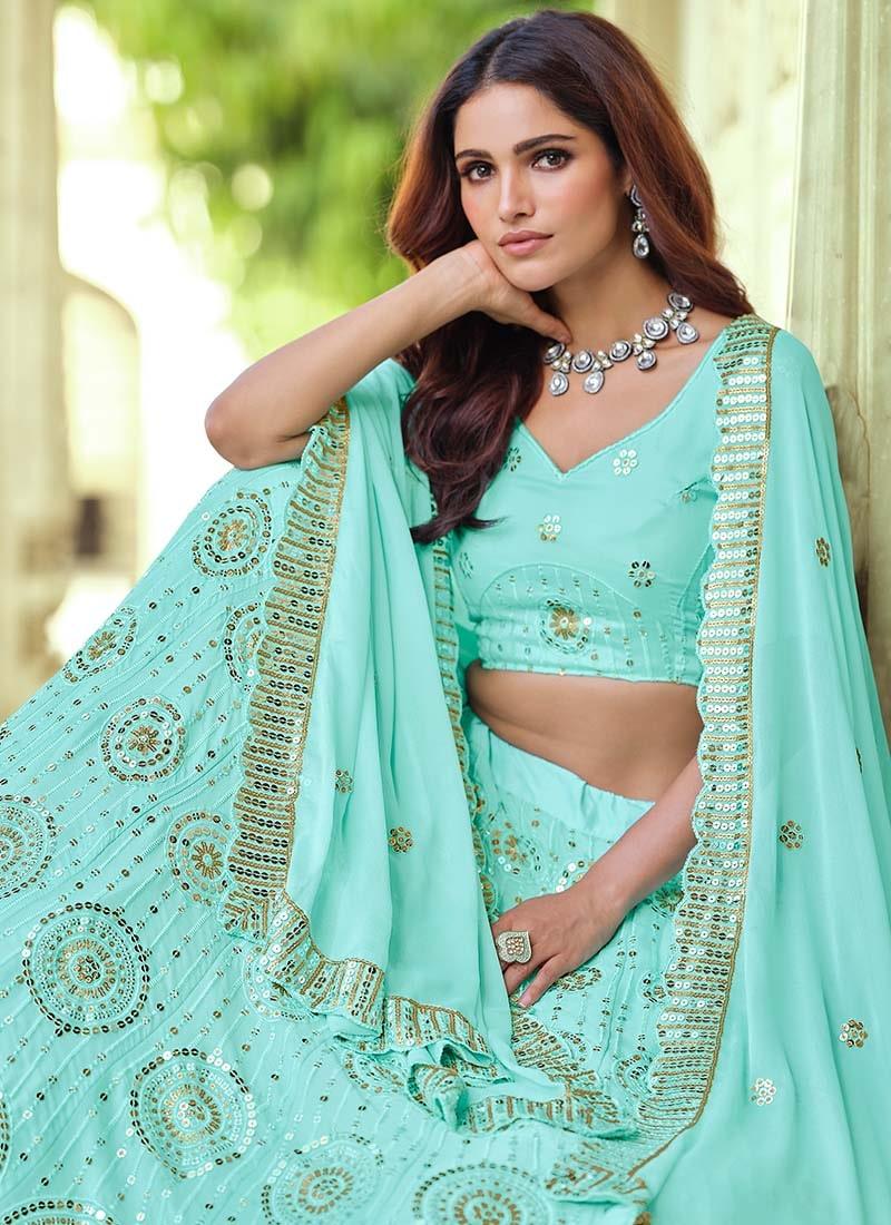 Georgette Fabric Blue Color Sequins Work A-Line Lehenga Choli Pictures Cheap Pice