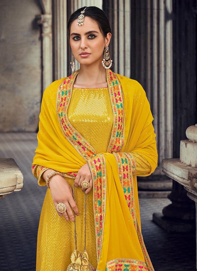 Georgette Yellow Suit With Churidar Get Authentic Sale Online