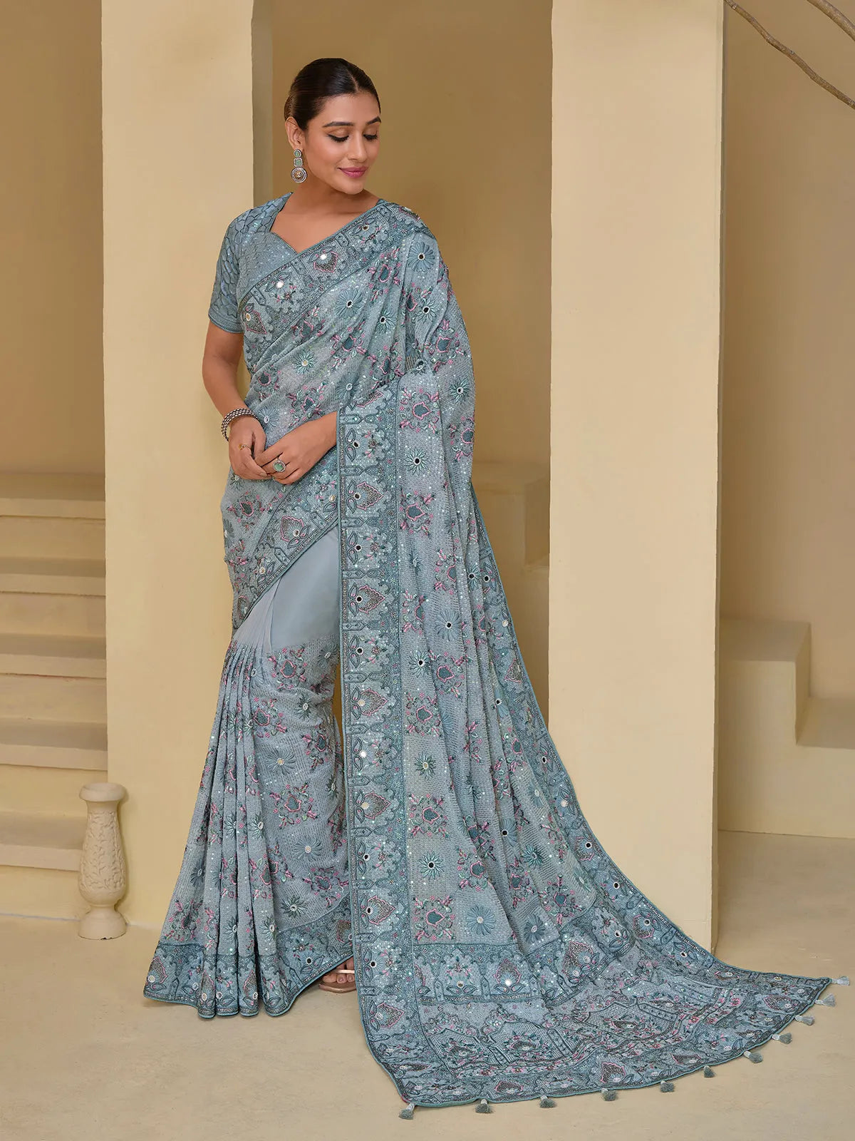 Luxurious Grey Banarasi Silk Embroidered Saree Outlet Websites