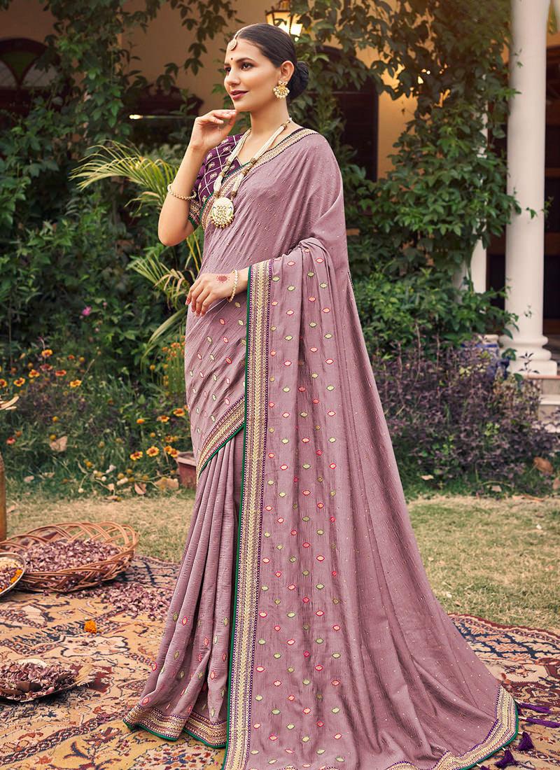 Onion Pink Embroidered Traditional Saree Sale Best Sale