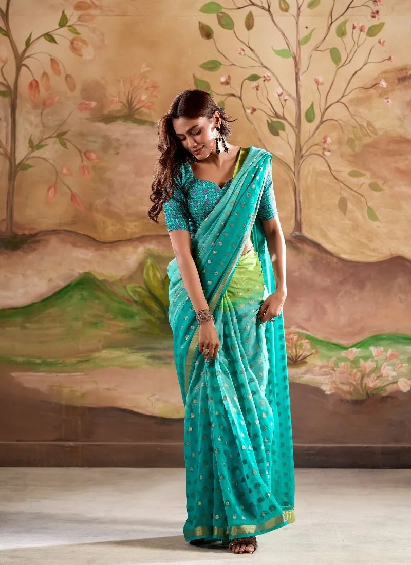 Digitally Printed Zari Weaving Georgette Silk Saree in Sea Green Discount Latest