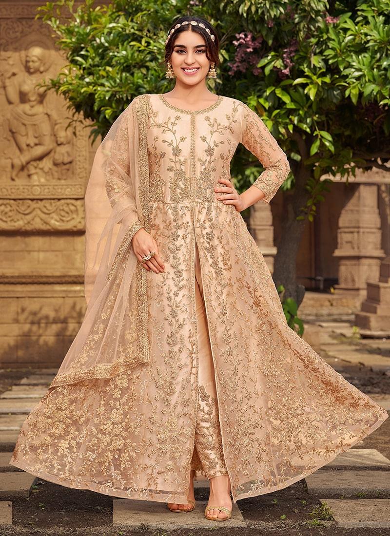 Peach Color Soft Net Material Slit-Cut Salwar Suit With Sequins Work Discount Authentic