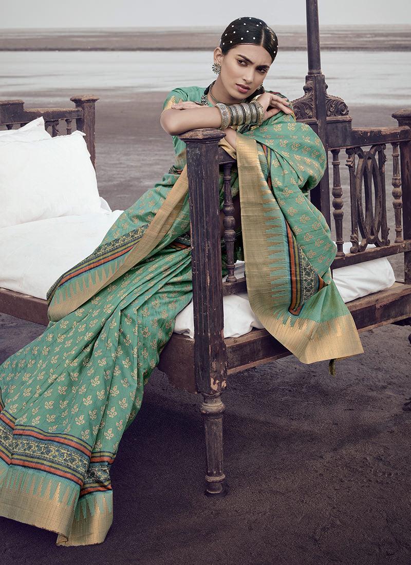 Sea Green Color Silk Fabric Printed Saree Buy Cheap With Paypal