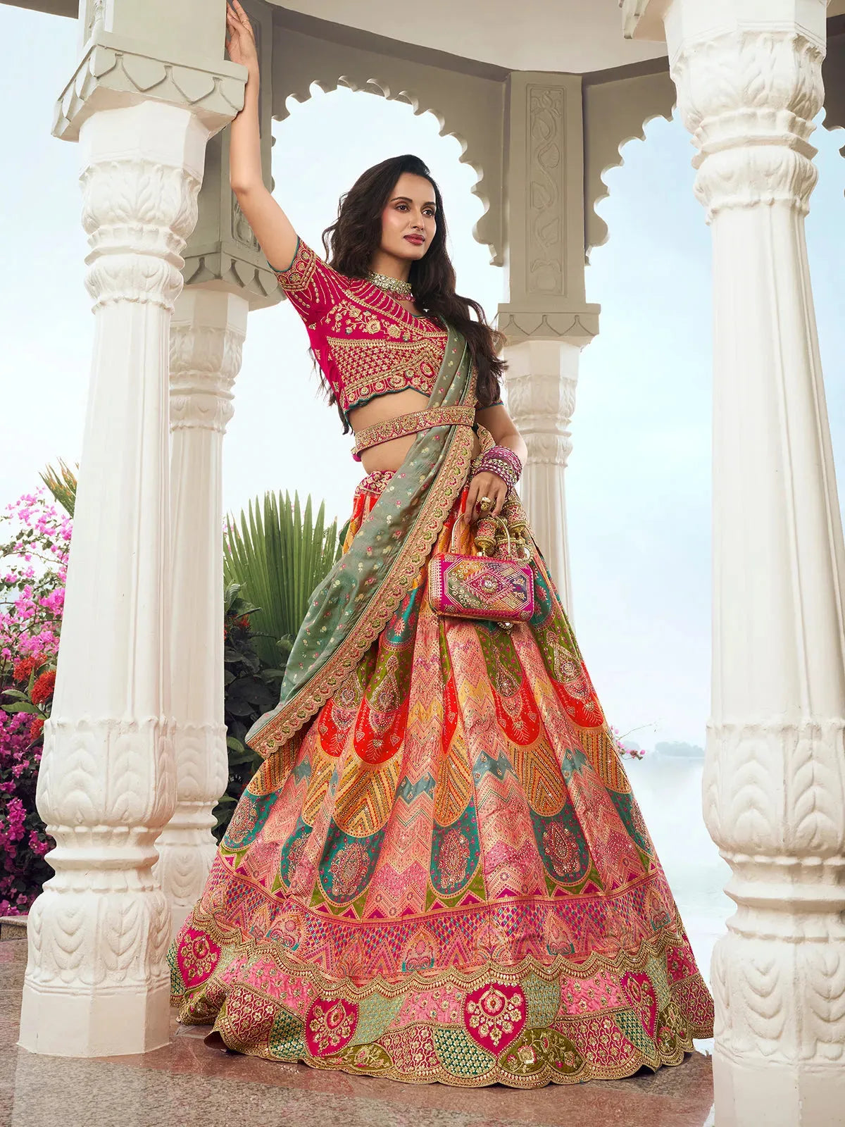 Stunning Multi-Color Silk  Embroidered Lehenga Choli Set Discount Popular