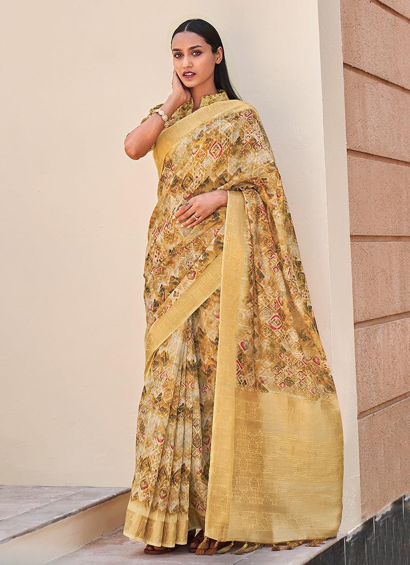 Cream Color Dazzling Printed Partywear Saree Comfortable Online