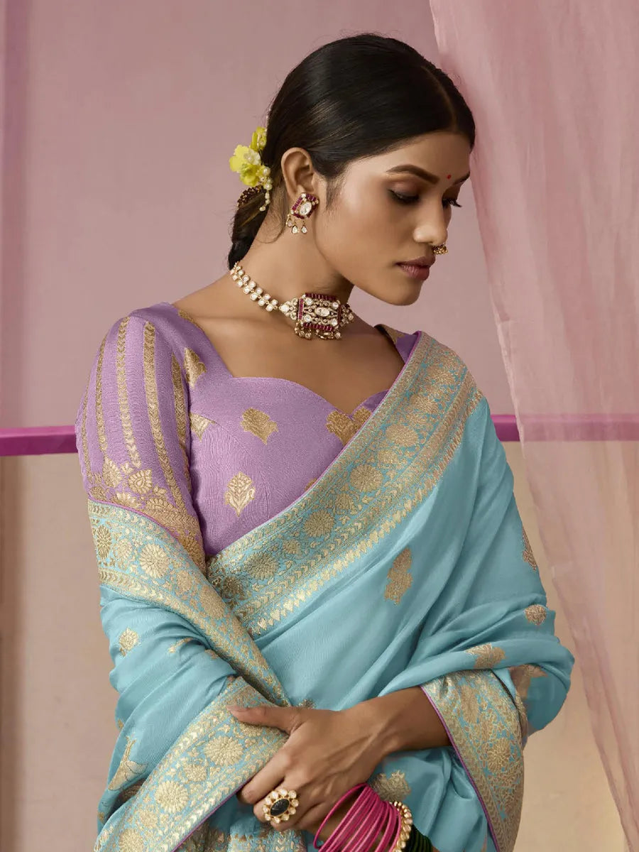 Sky Blue Designer Silk Saree with Floral Weaving Work Clearance Online Amazon