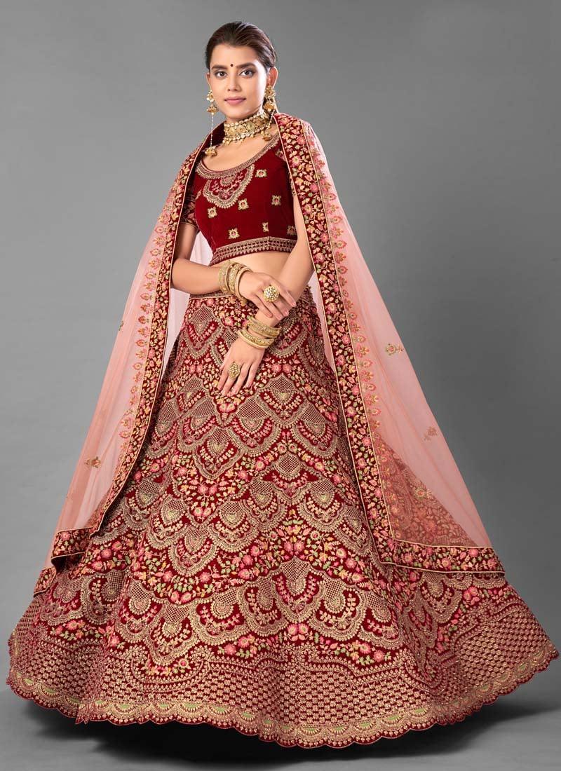 Velvet Fabric Resham And Dori Work Maroon Color Lehenga Choli Cheap Sale Enjoy