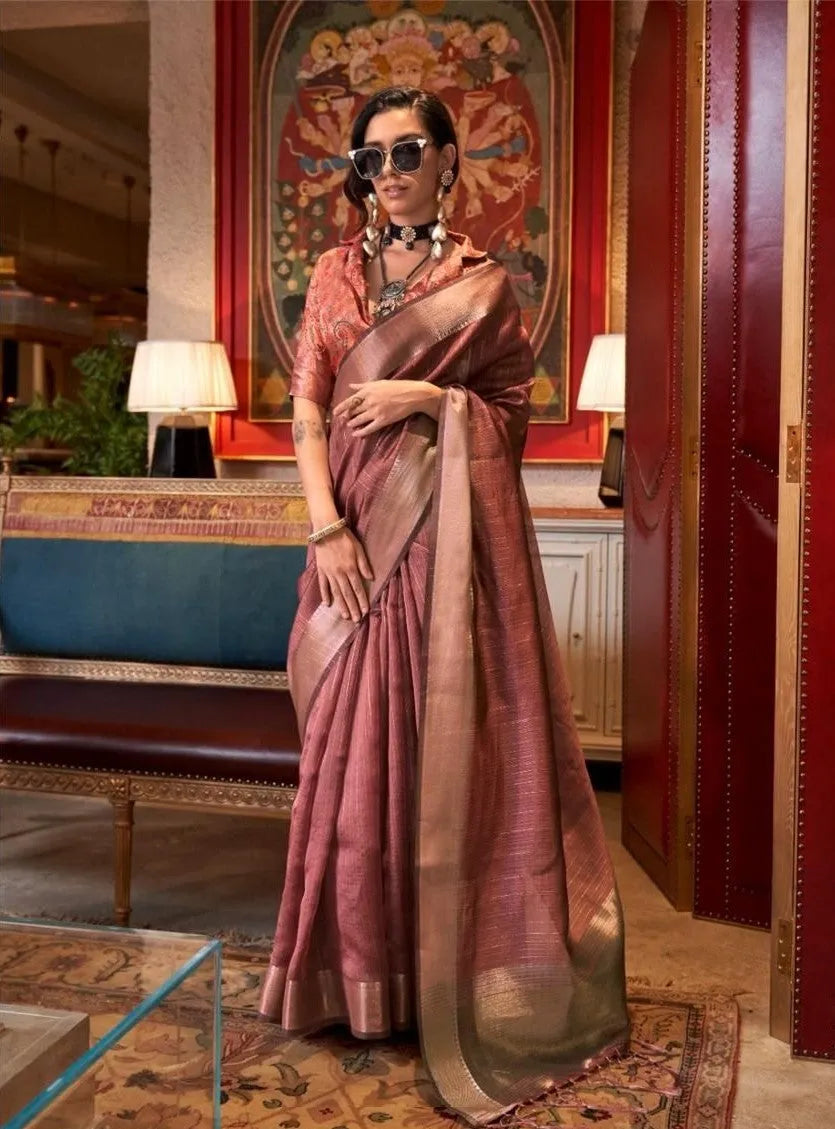 Dazzling Chiffon Hand Weaved Dusty Brown Classic Saree Newest Cheap Online