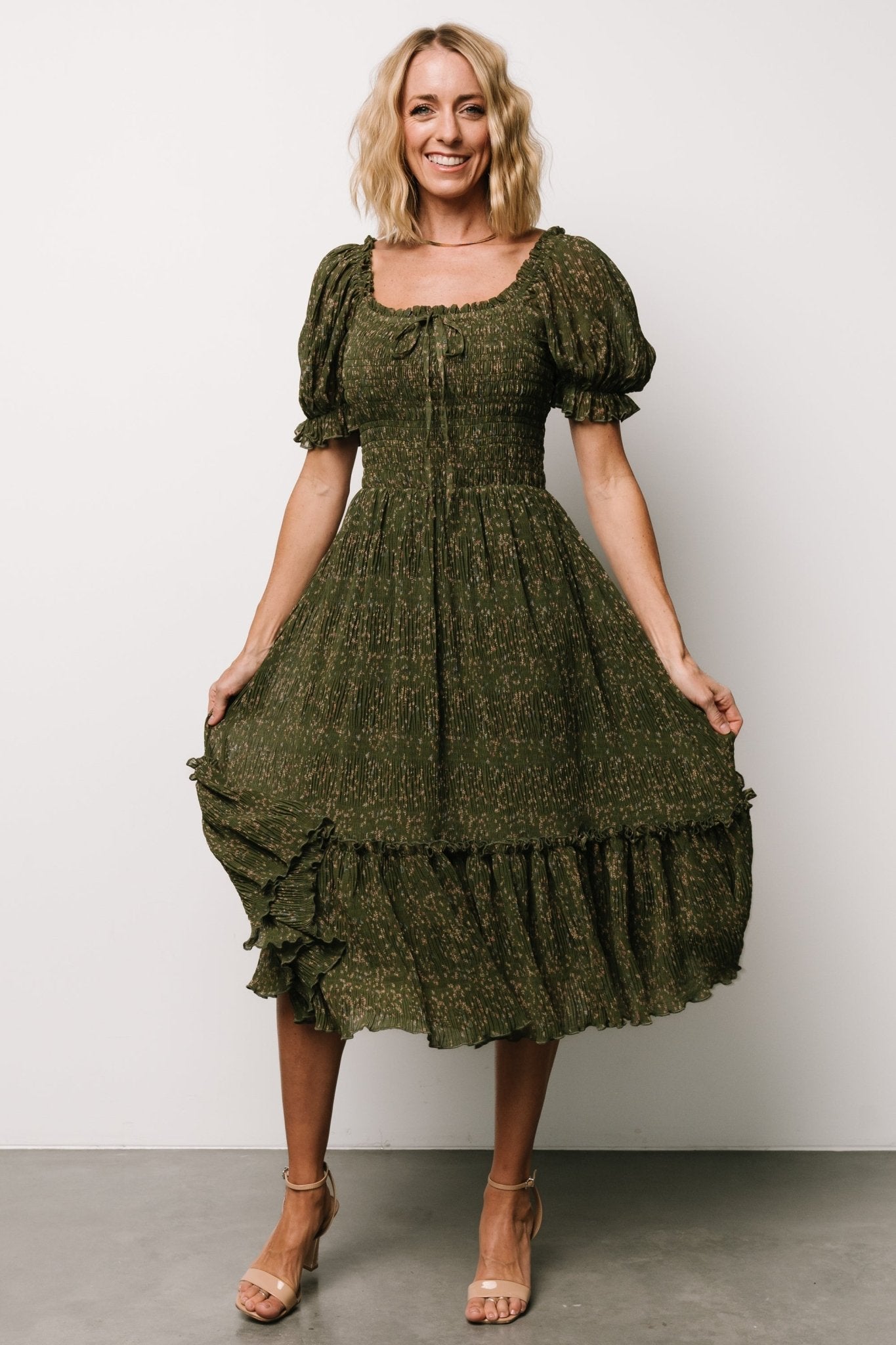 Beatrice Smocked Midi Dress | Olive Floral Clearance Footaction