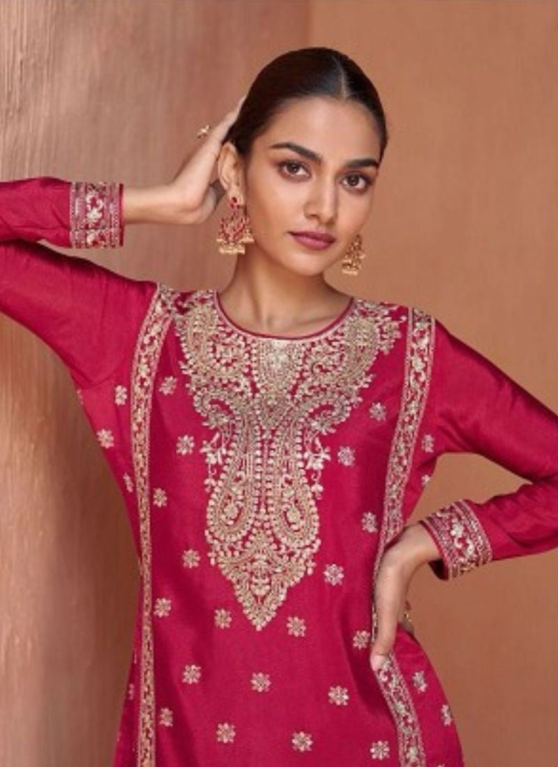 Stunning Heavy Embroidered Chinon palazzo suit in Dark Pink Shipping Discount Sale