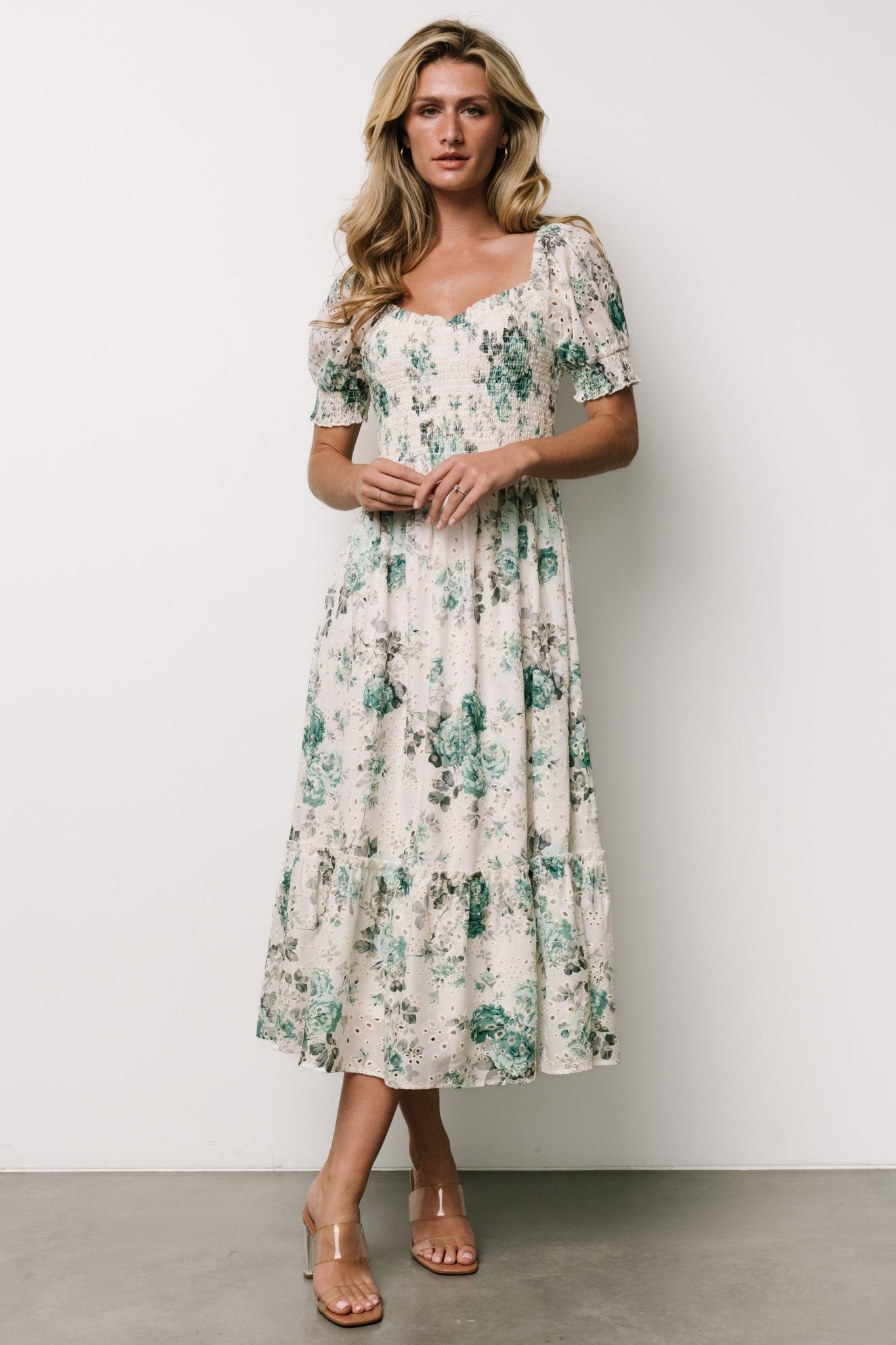 Piper Eyelet Midi Dress | Off White + Green Floral Cheap Genuine