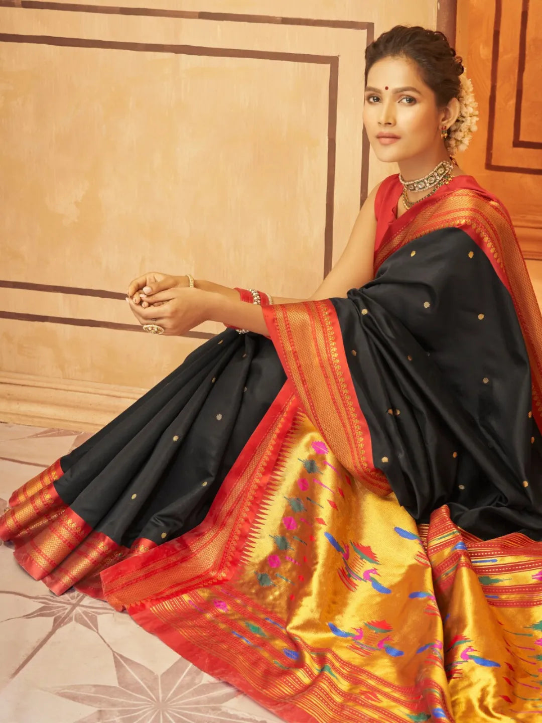 Classic Black Pure Aniruddh Silk Pathani Saree Finishline