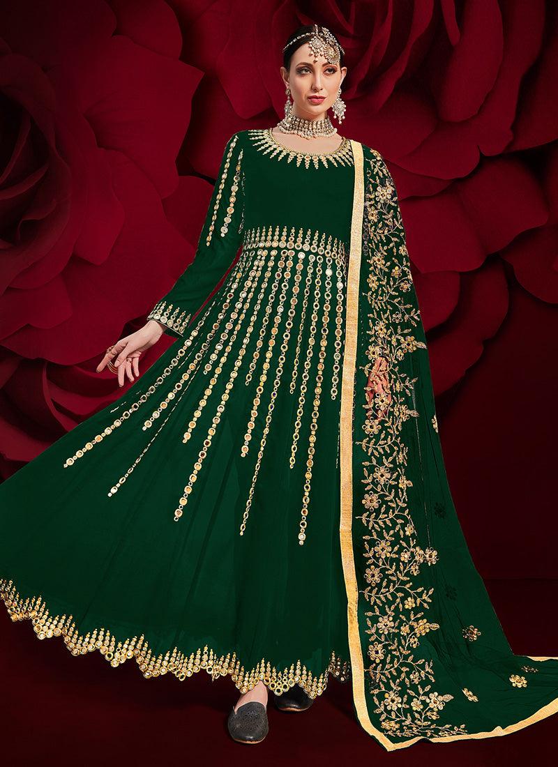 Dark Green Color Georgette Fabric Mirror Work Pakistani Salwar Suit Cheap Exclusive