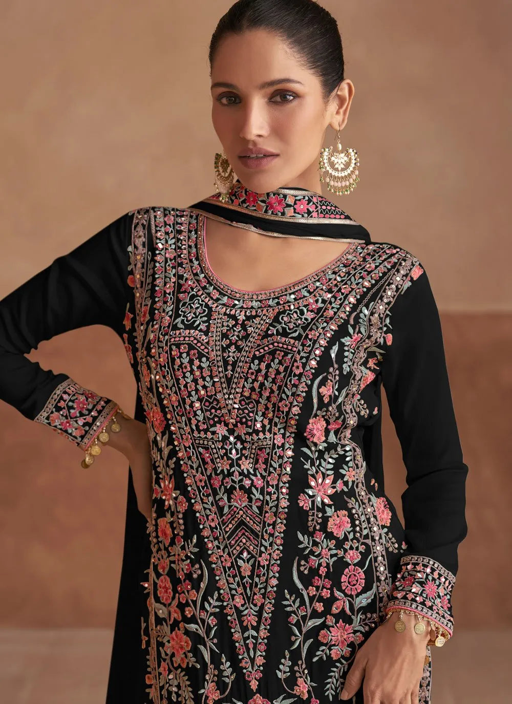 Attractive Chinon Black Embroidered Salwar Kameez Outlet Manchester