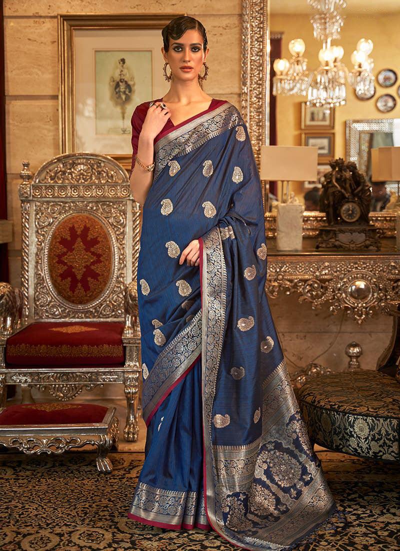 Stunning Teal Blue Color Silk Base Saree With Contrast Blouse Buy Cheap Reliable