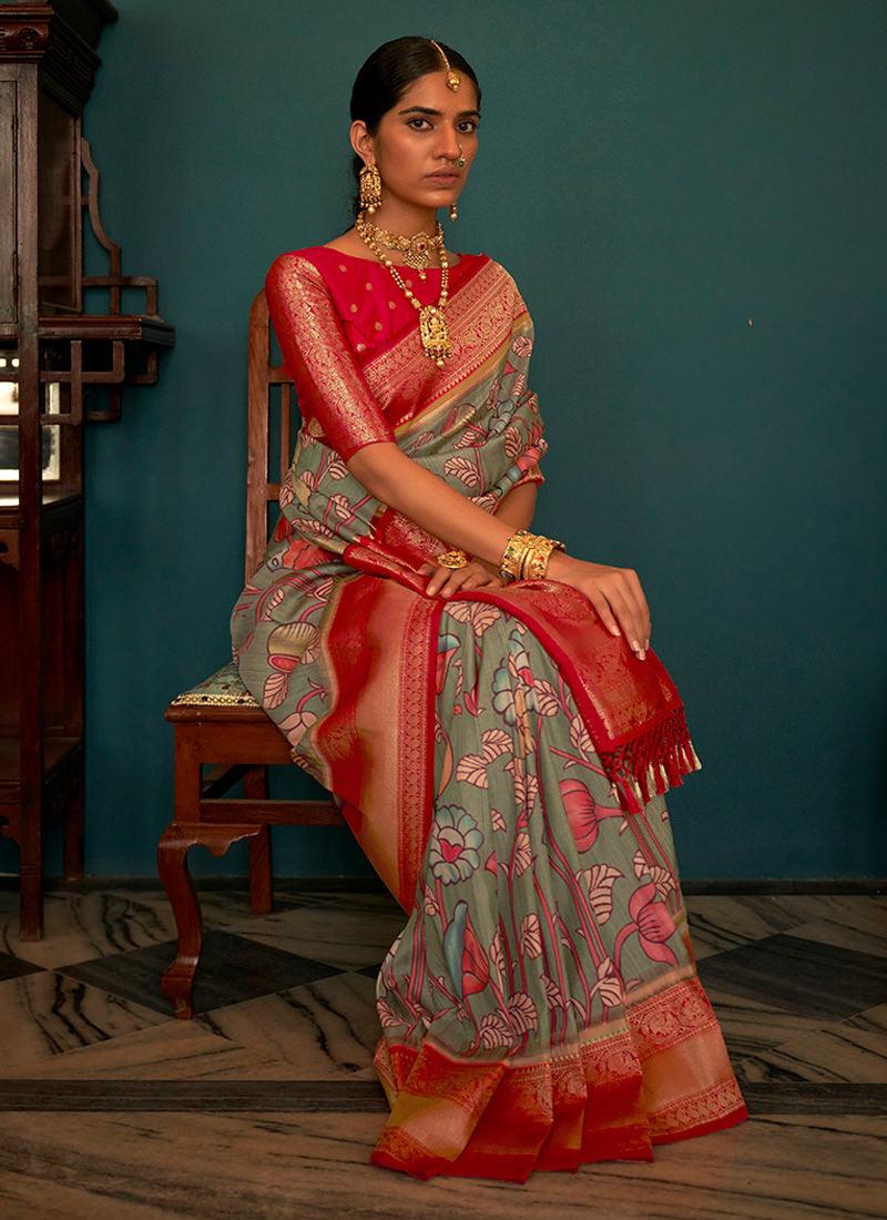 Classic Wear Grey Tussar Silk Saree Release Dates Sale Online