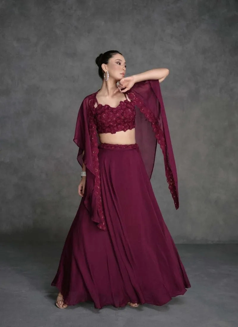 Designer Wine Embroidered Organza Silk Lehenga Set with Crop Top Cheap Sale Supply