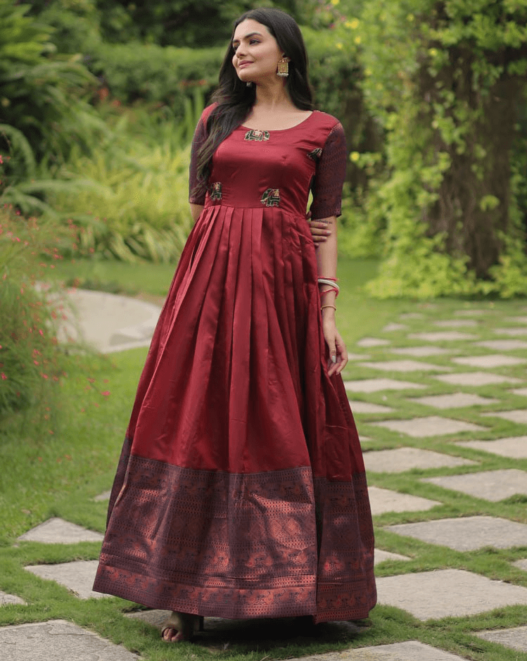 Maroon silk Printed Banarasi A-link Designer Gown Outlet Locations