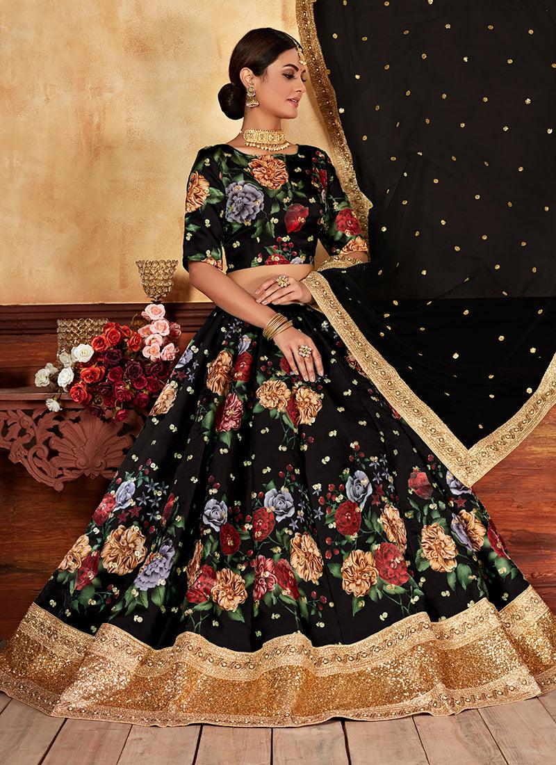 Heavy Sequins Digital Printed Black Floral Lehenga Cheap Sale Big Discount