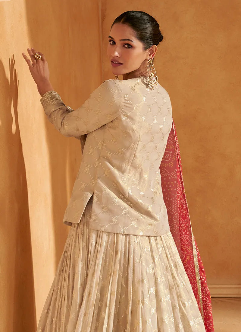 Breathtaking Beige Embroidered Designer Lehenga Kurta Sale Deals