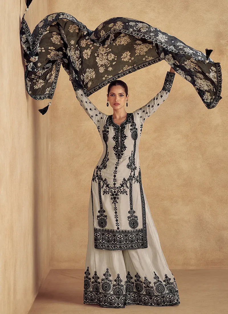 Heavenly Off-White Thread Embroidered Traditional Palazzo Suit Sale 100% Original