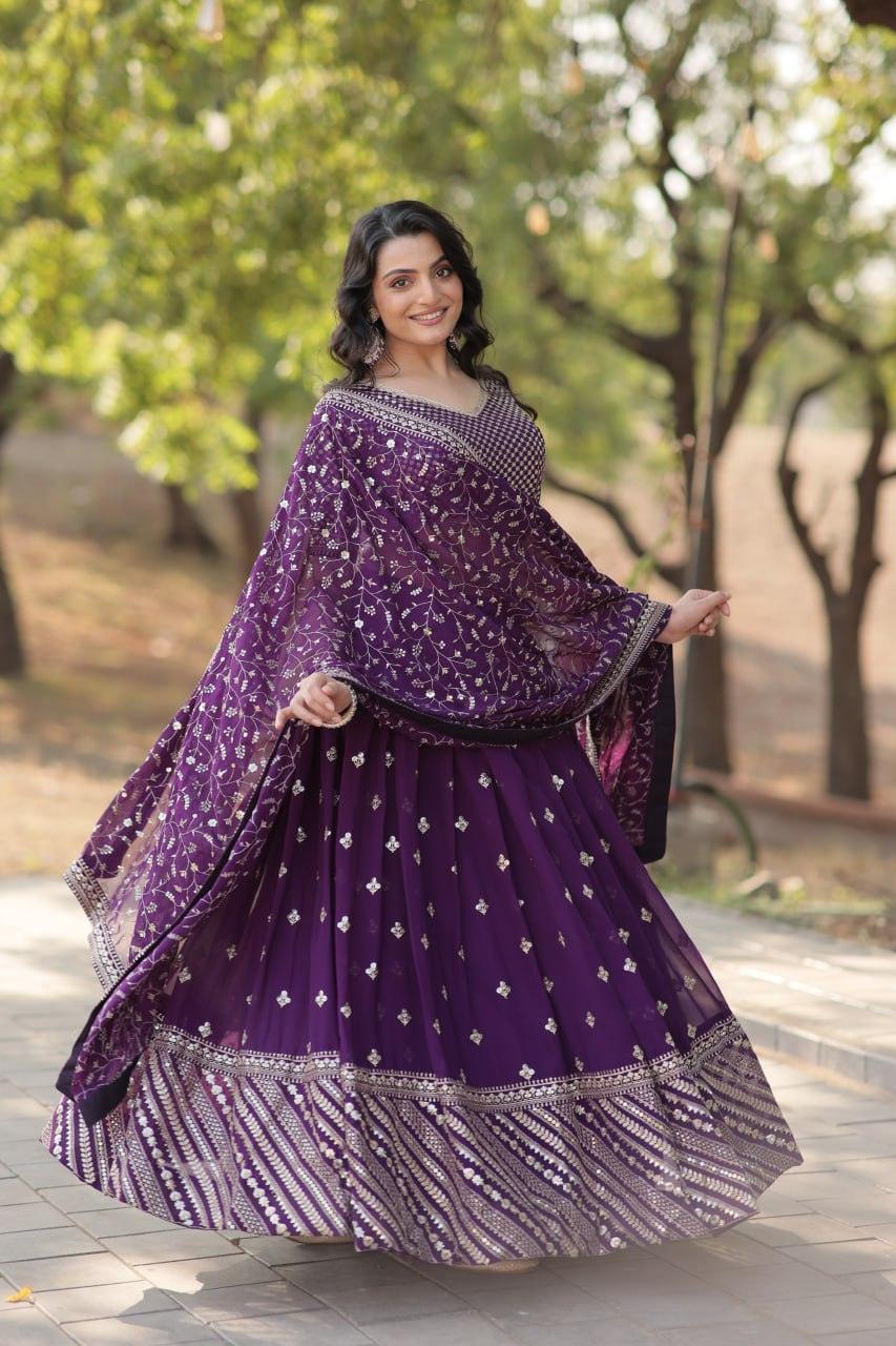 Spectacular Purple Faux Georgette Sequins Thread Embroidered Lehenga Set Best Sale Cheap Pice