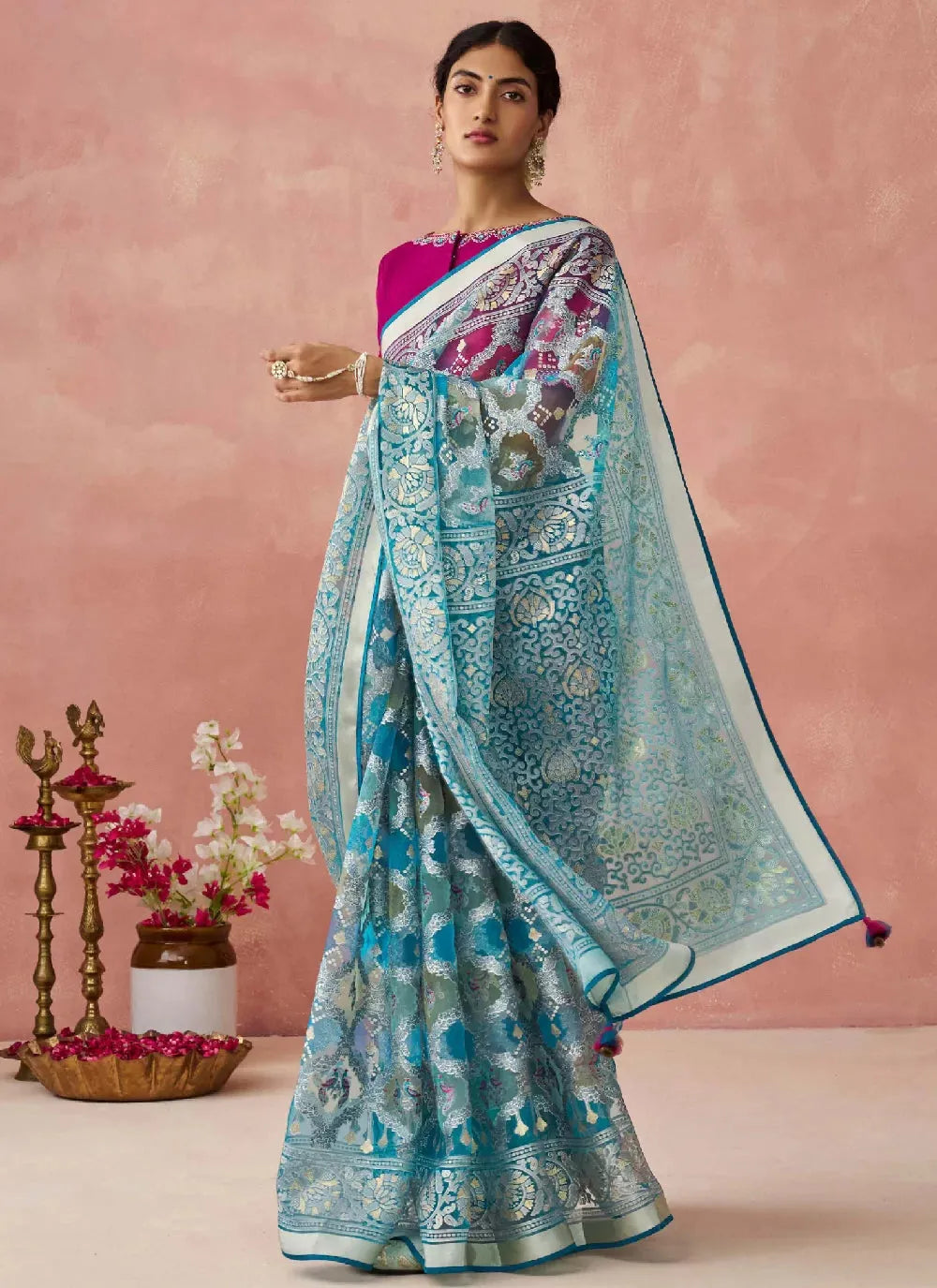 Light Blue Organza Printed Woven Worked Designer Saree Cheapest Pice Online