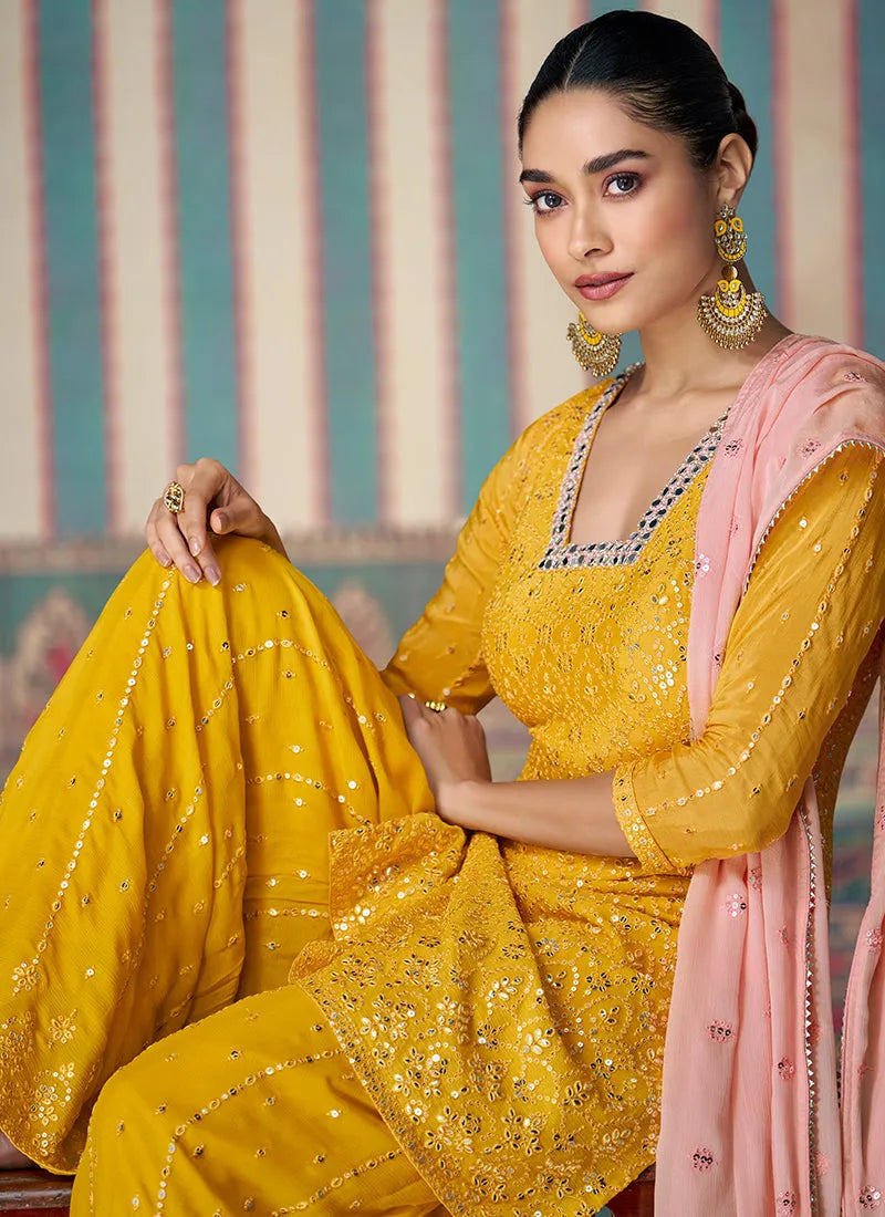 Charming Yellow Embroidered Chinon Sharara Suit Discount Ebay