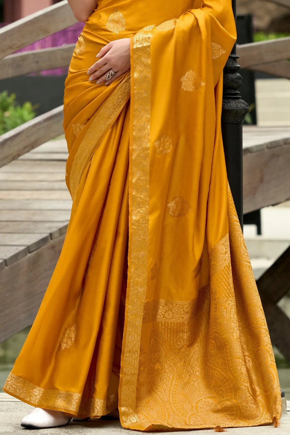 Brandy Punch Yellow Banarasi Handloom Saree Clearance Pirce Sale