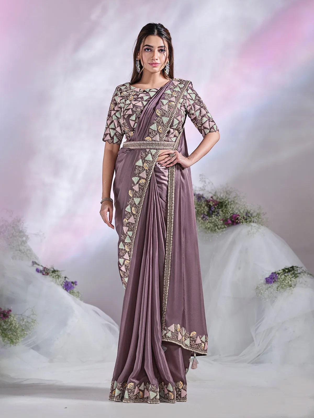 Luxurious Lavender Ready To Wear Crepe Satin Silk Saree Sast